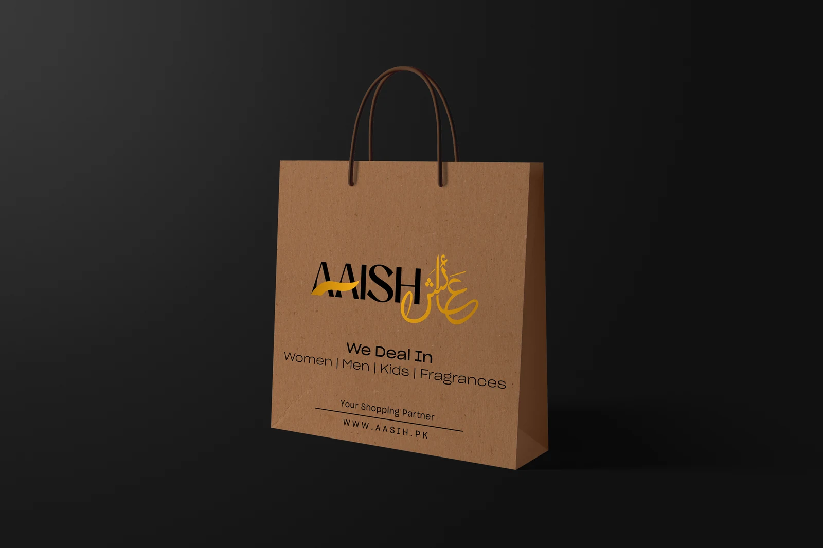 Aaish luxury fashion brand identity and foil-stamped retail shopping bag presentation