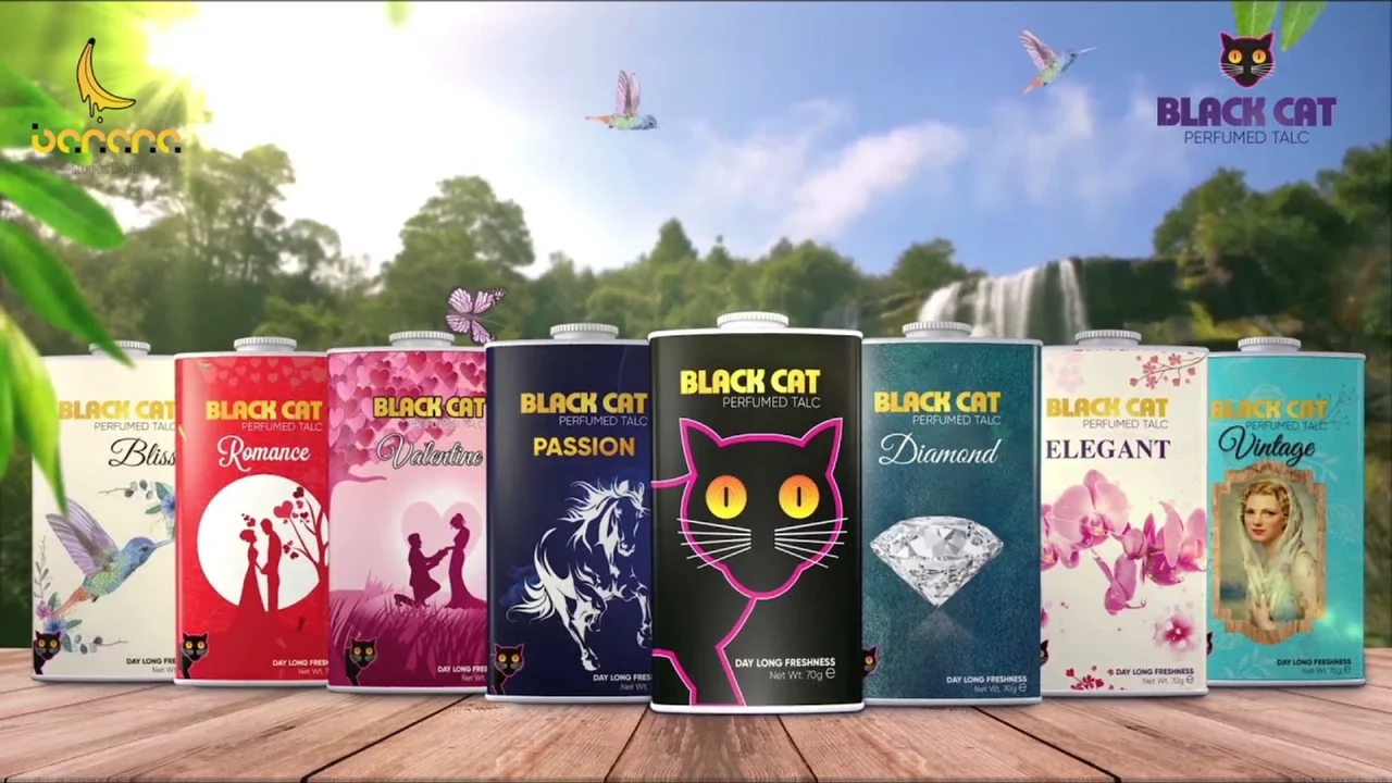 Black Cat 3D product commercial sequence and fragrance lineup