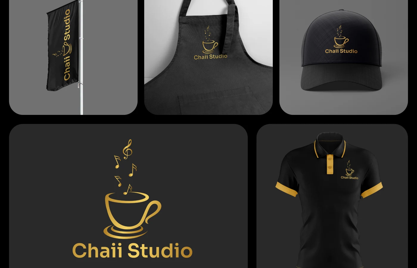 Chaii Studio UK brand identity, embroidered staff uniforms, merchandise, and outdoor flag presentation