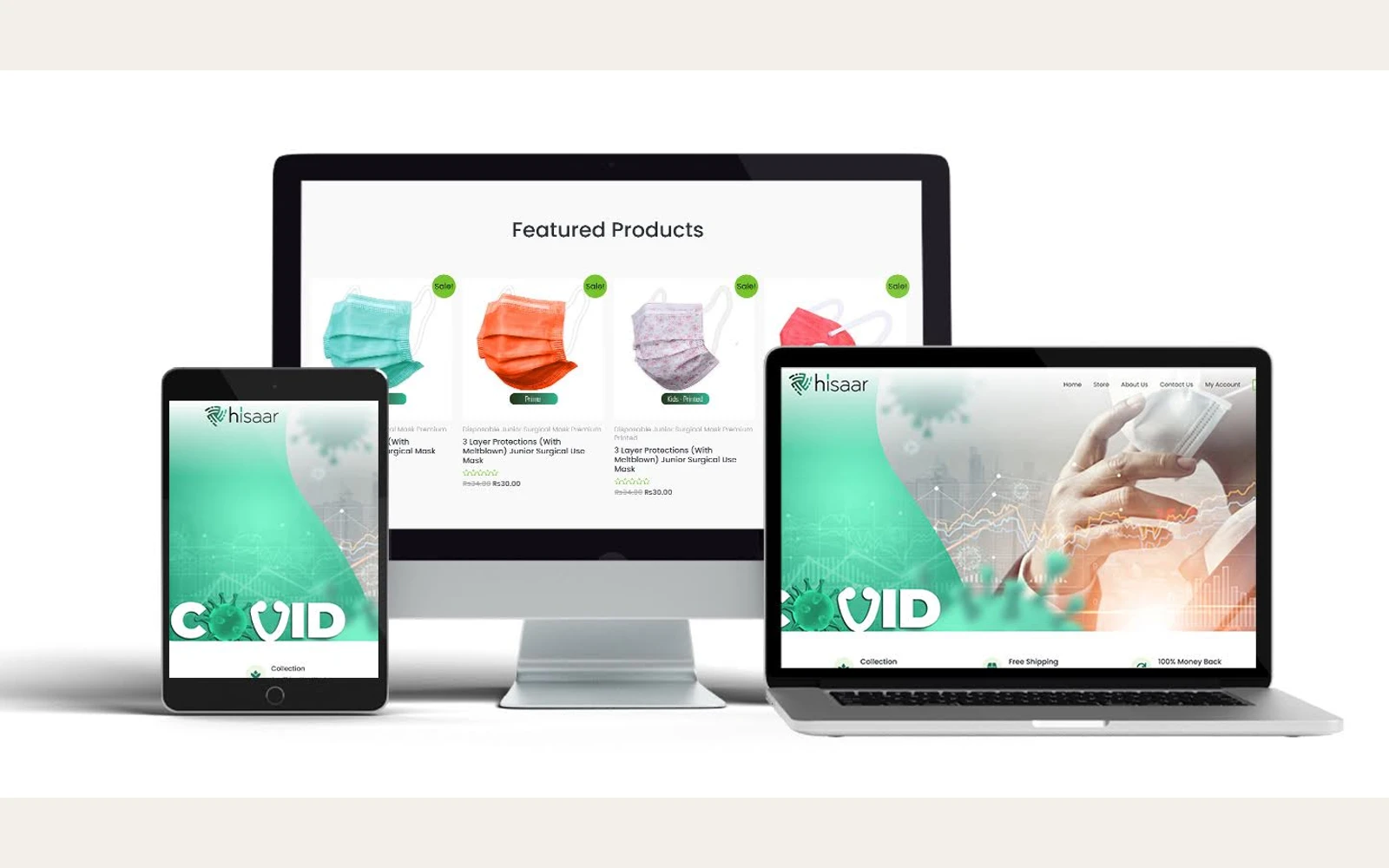 Hisaar medical PPE product website across desktop and mobile screens