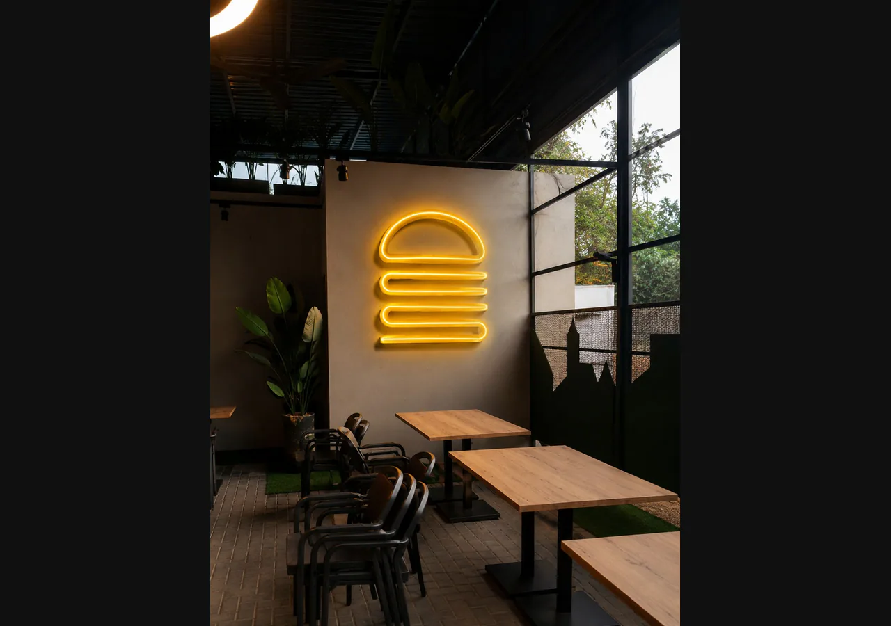 MidCity Cafe neon signage and burger graphic