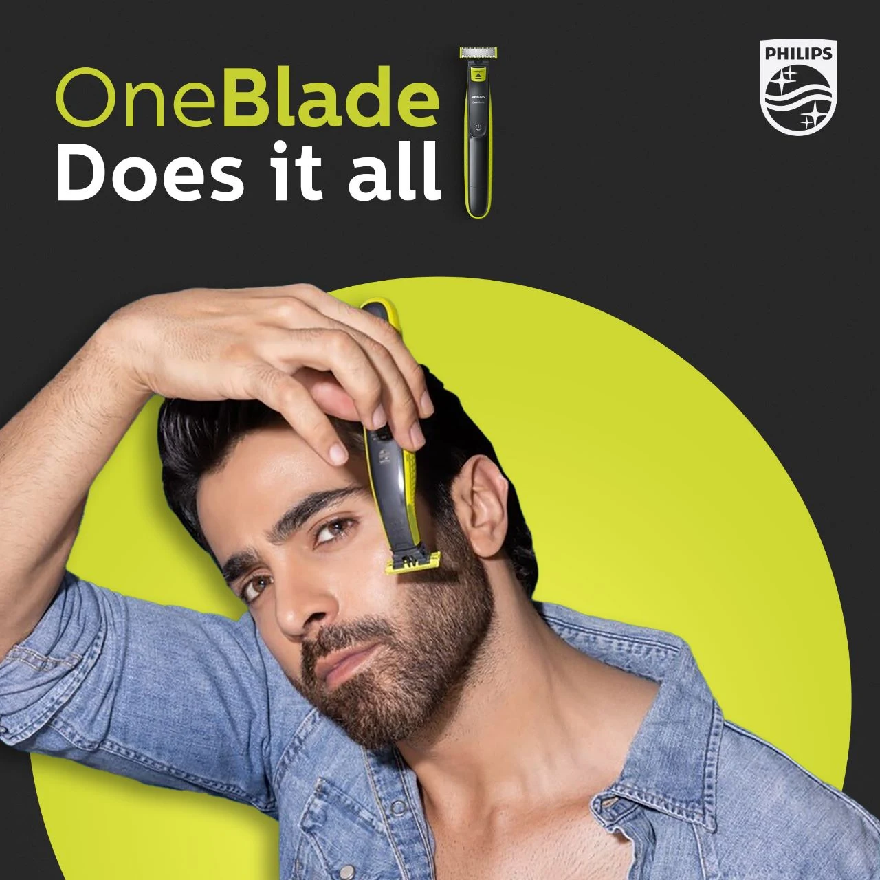 Philips OneBlade campaign creative with lime and black art direction
