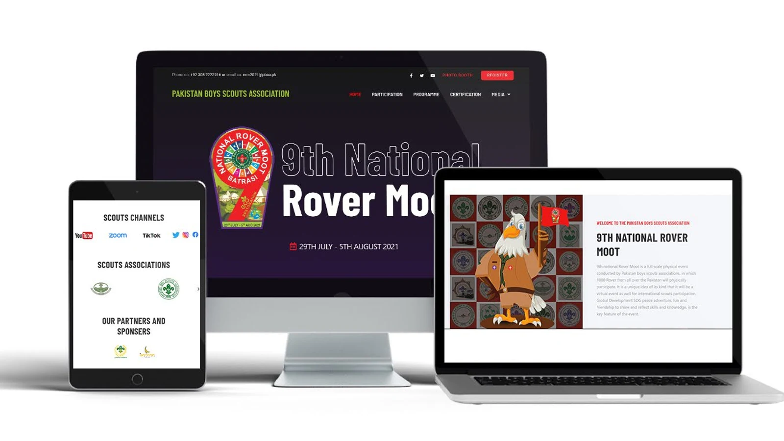 9th National Rover Moot responsive website across desktop, tablet, and mobile