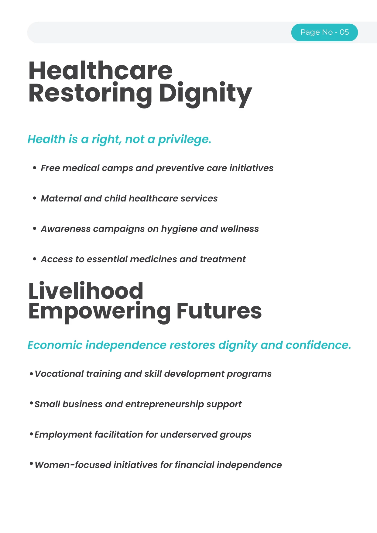Saira Bano Foundation healthcare and livelihood impact programs publication spread