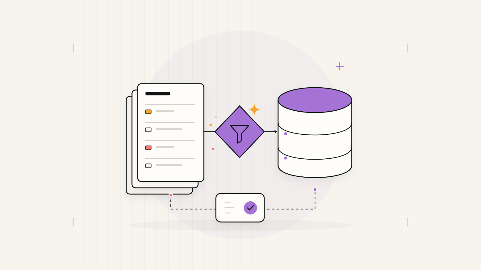 Illustration of source records being checked and transferred into an ERP database